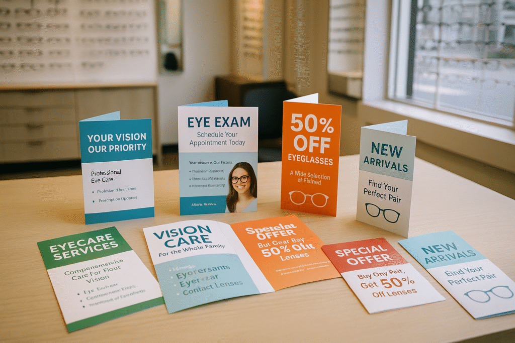 Imatge de fullets i tríptics sobre una taula dins d'una òptica.
